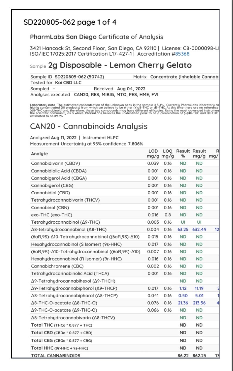 Lemon Cherry Gelato Hybrid Koi D8 Blend Vape 2G - Image 2